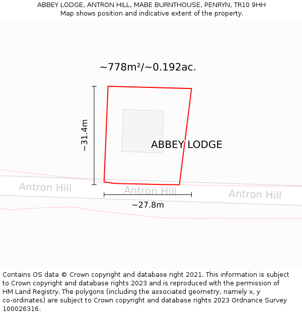 ABBEY LODGE, ANTRON HILL, MABE BURNTHOUSE, PENRYN, TR10 9HH: Plot and title map