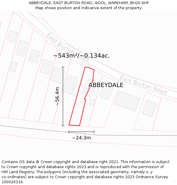 ABBEYDALE, EAST BURTON ROAD, WOOL, WAREHAM, BH20 6HF: Plot and title map