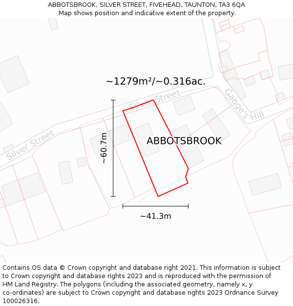 ABBOTSBROOK, SILVER STREET, FIVEHEAD, TAUNTON, TA3 6QA: Plot and title map