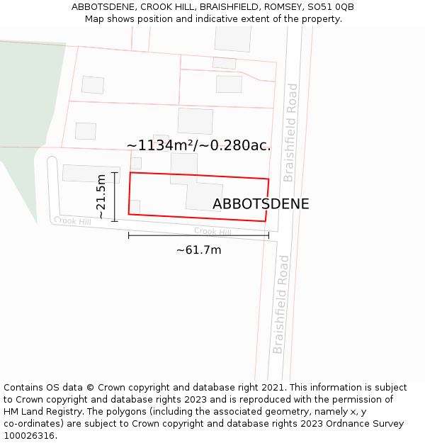 ABBOTSDENE, CROOK HILL, BRAISHFIELD, ROMSEY, SO51 0QB: Plot and title map