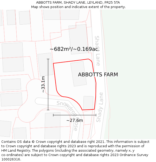 ABBOTTS FARM, SHADY LANE, LEYLAND, PR25 5TA: Plot and title map