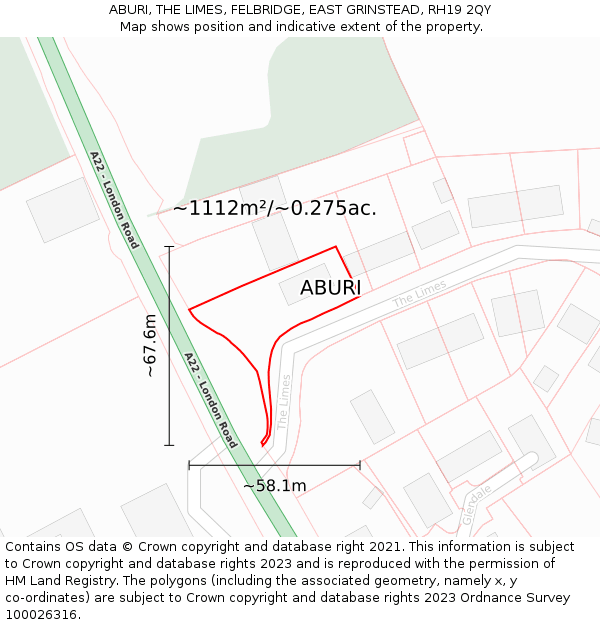 ABURI, THE LIMES, FELBRIDGE, EAST GRINSTEAD, RH19 2QY: Plot and title map