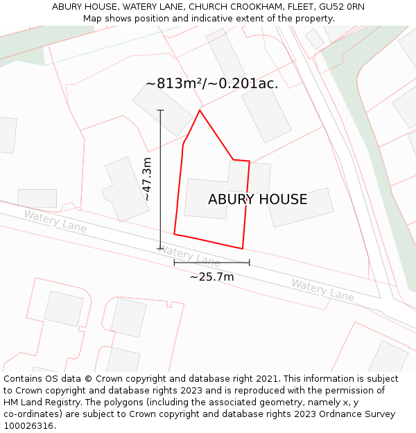 ABURY HOUSE, WATERY LANE, CHURCH CROOKHAM, FLEET, GU52 0RN: Plot and title map