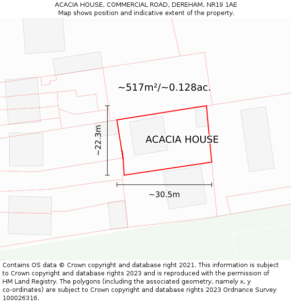ACACIA HOUSE, COMMERCIAL ROAD, DEREHAM, NR19 1AE: Plot and title map