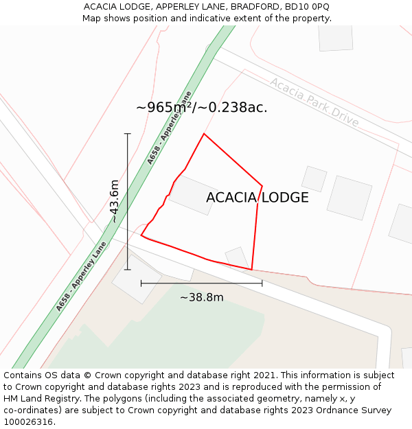 ACACIA LODGE, APPERLEY LANE, BRADFORD, BD10 0PQ: Plot and title map