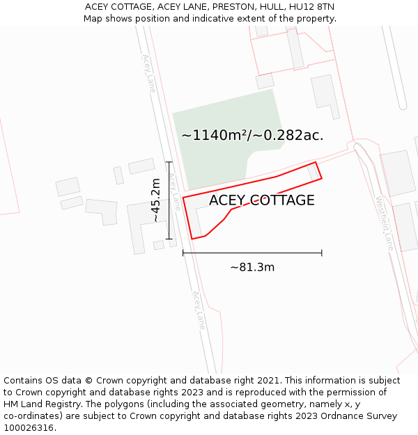 ACEY COTTAGE, ACEY LANE, PRESTON, HULL, HU12 8TN: Plot and title map