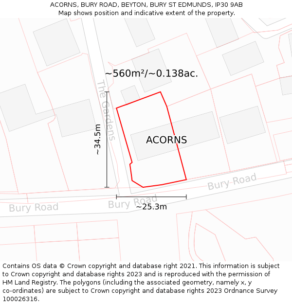 ACORNS, BURY ROAD, BEYTON, BURY ST EDMUNDS, IP30 9AB: Plot and title map