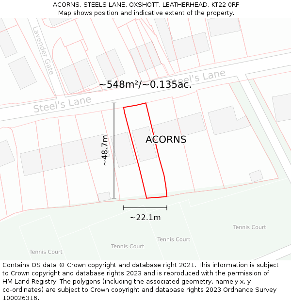 ACORNS, STEELS LANE, OXSHOTT, LEATHERHEAD, KT22 0RF: Plot and title map