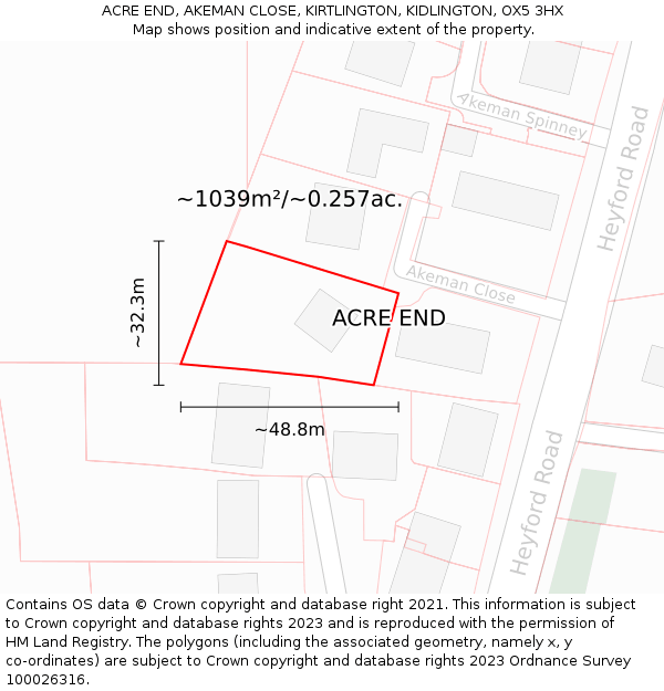 ACRE END, AKEMAN CLOSE, KIRTLINGTON, KIDLINGTON, OX5 3HX: Plot and title map