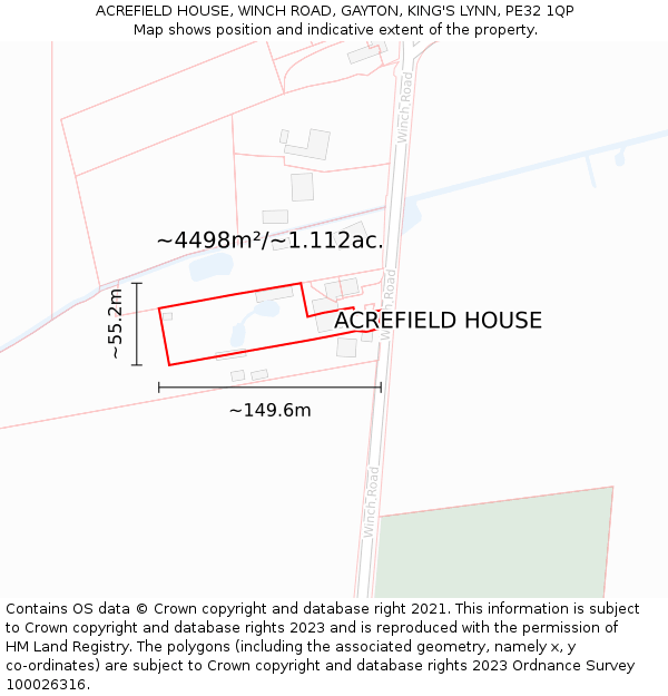 ACREFIELD HOUSE, WINCH ROAD, GAYTON, KING'S LYNN, PE32 1QP: Plot and title map