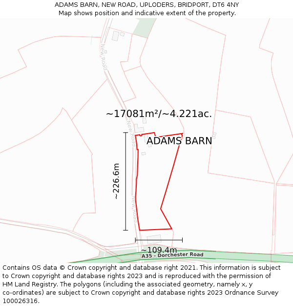 ADAMS BARN, NEW ROAD, UPLODERS, BRIDPORT, DT6 4NY: Plot and title map