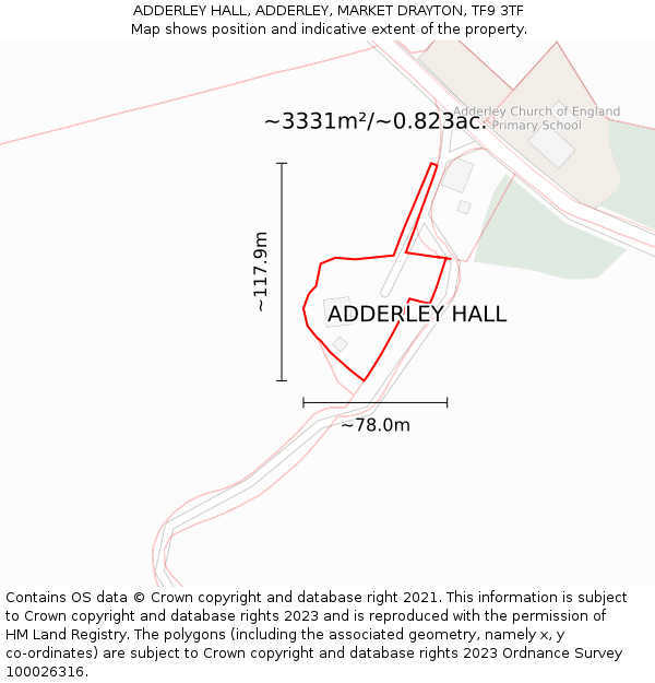 ADDERLEY HALL, ADDERLEY, MARKET DRAYTON, TF9 3TF: Plot and title map