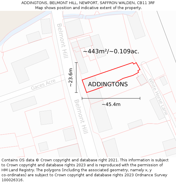 ADDINGTONS, BELMONT HILL, NEWPORT, SAFFRON WALDEN, CB11 3RF: Plot and title map