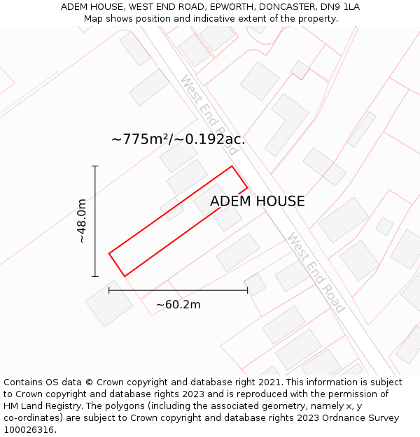 ADEM HOUSE, WEST END ROAD, EPWORTH, DONCASTER, DN9 1LA: Plot and title map