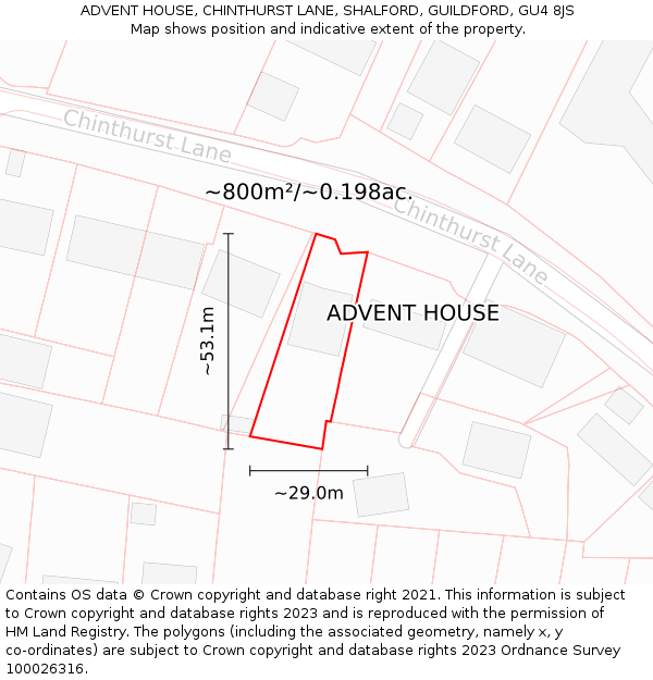 ADVENT HOUSE, CHINTHURST LANE, SHALFORD, GUILDFORD, GU4 8JS: Plot and title map