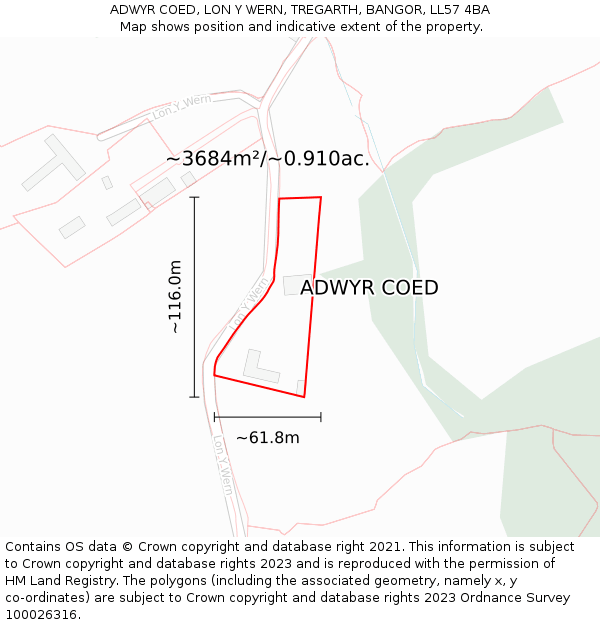 ADWYR COED, LON Y WERN, TREGARTH, BANGOR, LL57 4BA: Plot and title map