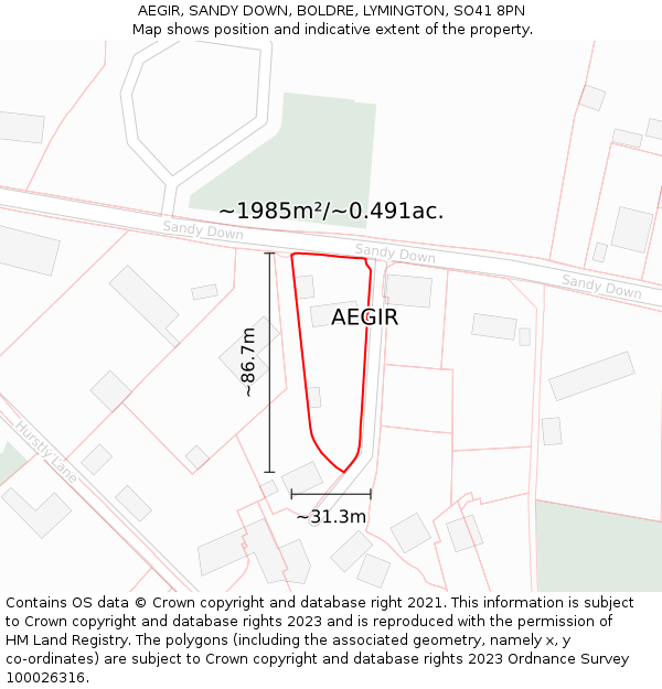 AEGIR, SANDY DOWN, BOLDRE, LYMINGTON, SO41 8PN: Plot and title map