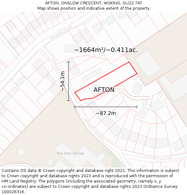 AFTON, ONSLOW CRESCENT, WOKING, GU22 7AT: Plot and title map