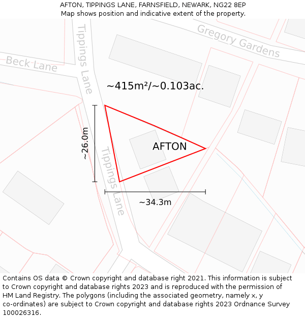 AFTON, TIPPINGS LANE, FARNSFIELD, NEWARK, NG22 8EP: Plot and title map