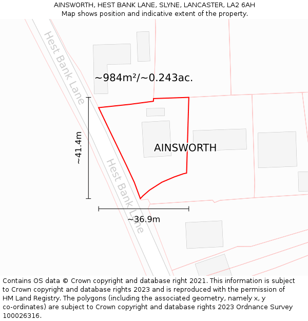 AINSWORTH, HEST BANK LANE, SLYNE, LANCASTER, LA2 6AH: Plot and title map