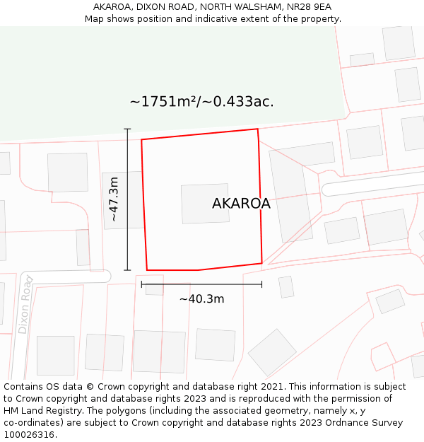 AKAROA, DIXON ROAD, NORTH WALSHAM, NR28 9EA: Plot and title map