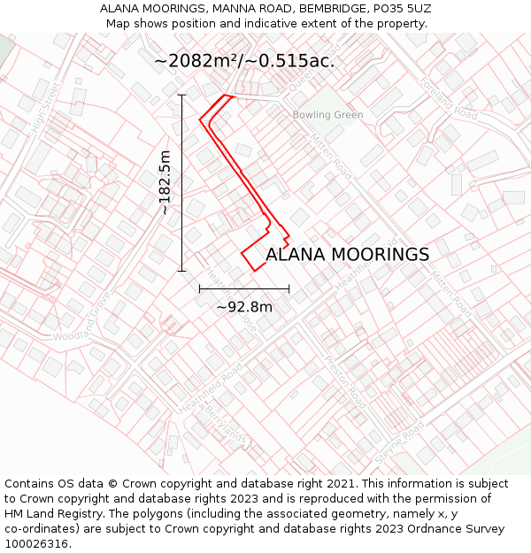 ALANA MOORINGS, MANNA ROAD, BEMBRIDGE, PO35 5UZ: Plot and title map