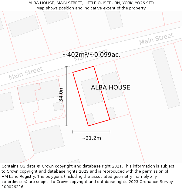 ALBA HOUSE, MAIN STREET, LITTLE OUSEBURN, YORK, YO26 9TD: Plot and title map