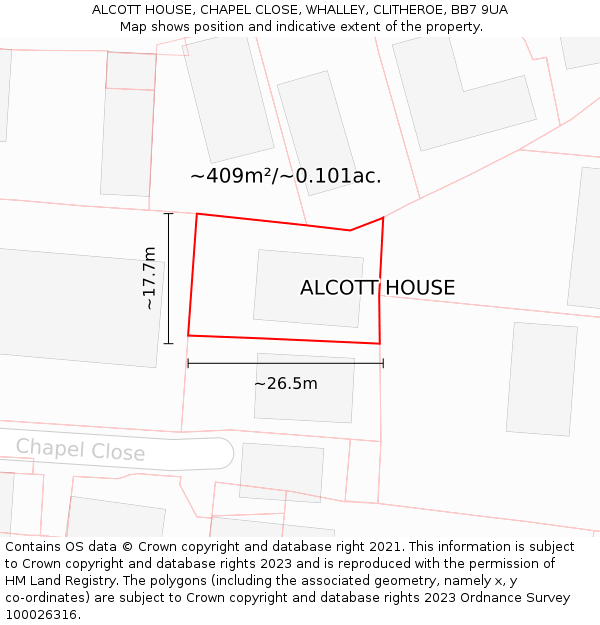 ALCOTT HOUSE, CHAPEL CLOSE, WHALLEY, CLITHEROE, BB7 9UA: Plot and title map