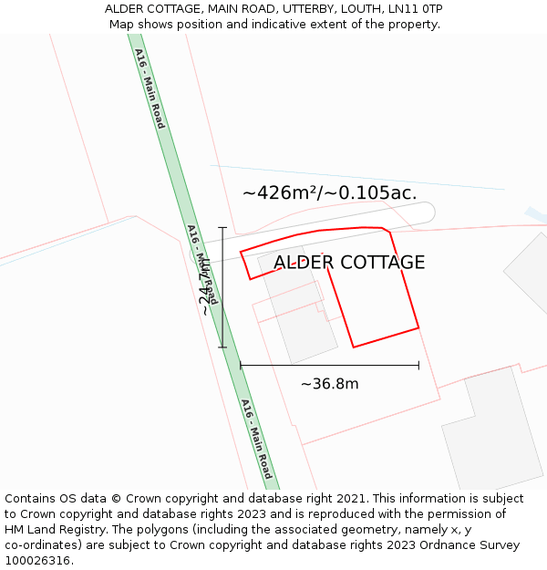 ALDER COTTAGE, MAIN ROAD, UTTERBY, LOUTH, LN11 0TP: Plot and title map