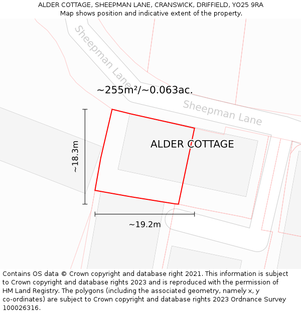 ALDER COTTAGE, SHEEPMAN LANE, CRANSWICK, DRIFFIELD, YO25 9RA: Plot and title map
