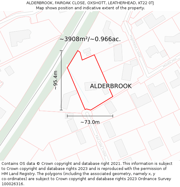ALDERBROOK, FAIROAK CLOSE, OXSHOTT, LEATHERHEAD, KT22 0TJ: Plot and title map