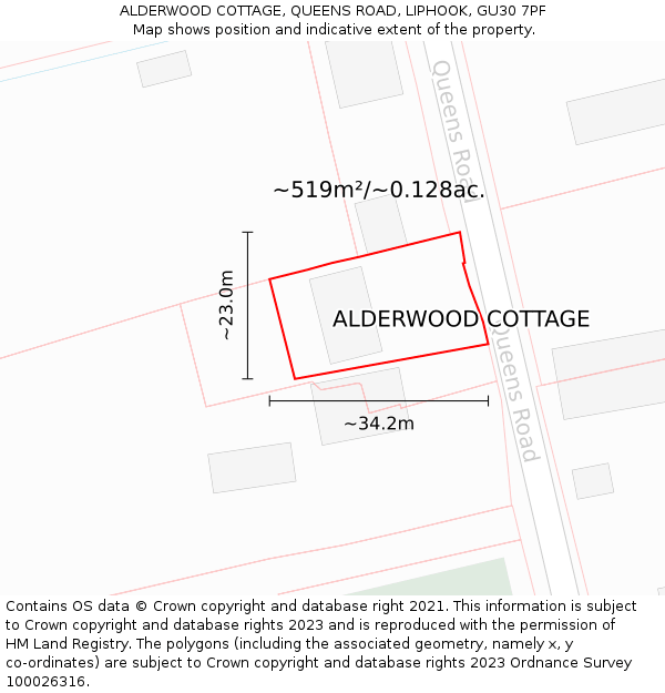 ALDERWOOD COTTAGE, QUEENS ROAD, LIPHOOK, GU30 7PF: Plot and title map