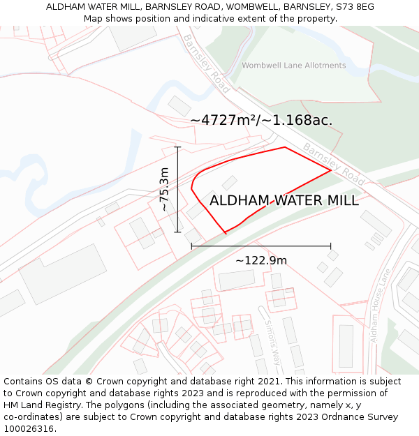 ALDHAM WATER MILL, BARNSLEY ROAD, WOMBWELL, BARNSLEY, S73 8EG: Plot and title map