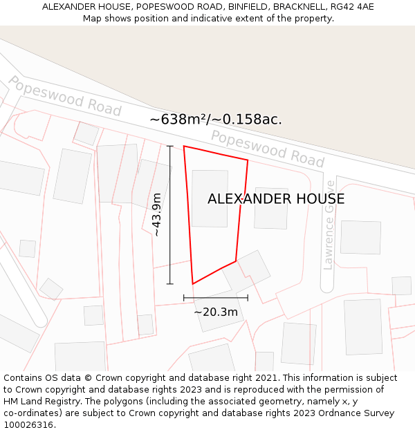 ALEXANDER HOUSE, POPESWOOD ROAD, BINFIELD, BRACKNELL, RG42 4AE: Plot and title map