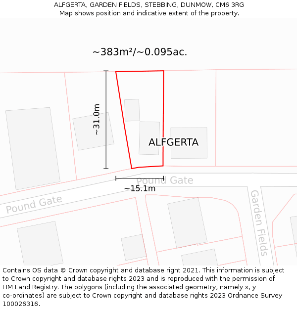 ALFGERTA, GARDEN FIELDS, STEBBING, DUNMOW, CM6 3RG: Plot and title map
