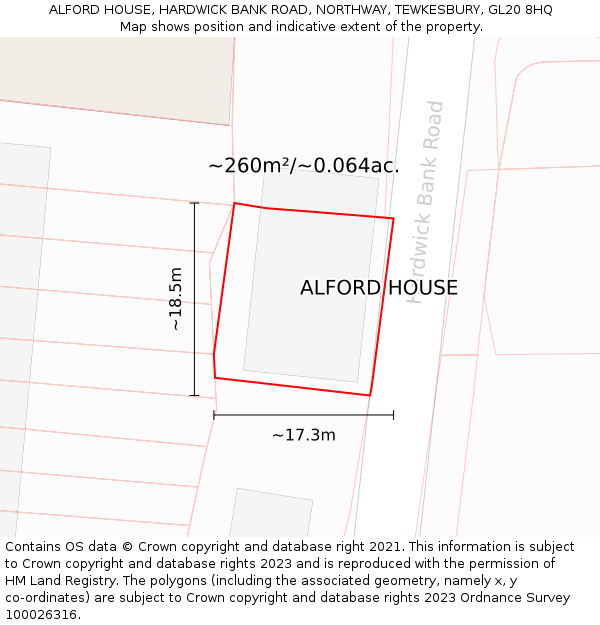 ALFORD HOUSE, HARDWICK BANK ROAD, NORTHWAY, TEWKESBURY, GL20 8HQ: Plot and title map