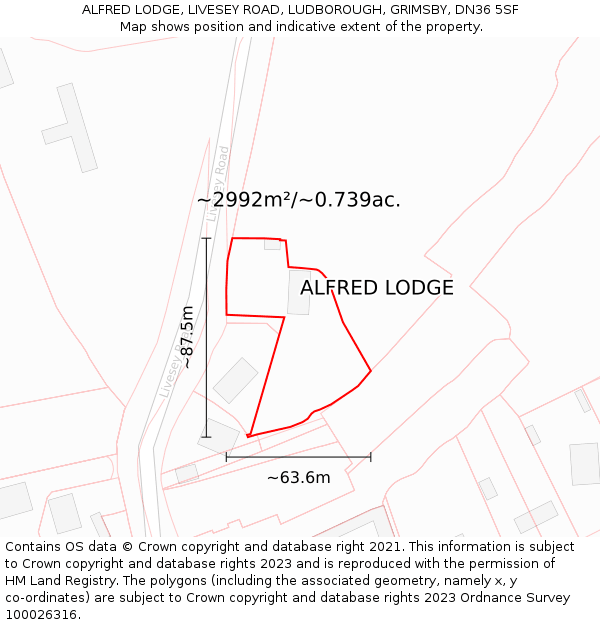 ALFRED LODGE, LIVESEY ROAD, LUDBOROUGH, GRIMSBY, DN36 5SF: Plot and title map