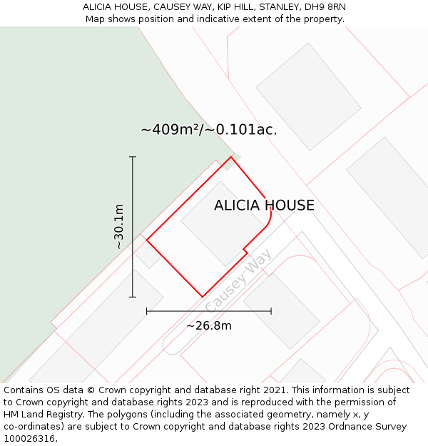 ALICIA HOUSE, CAUSEY WAY, KIP HILL, STANLEY, DH9 8RN: Plot and title map