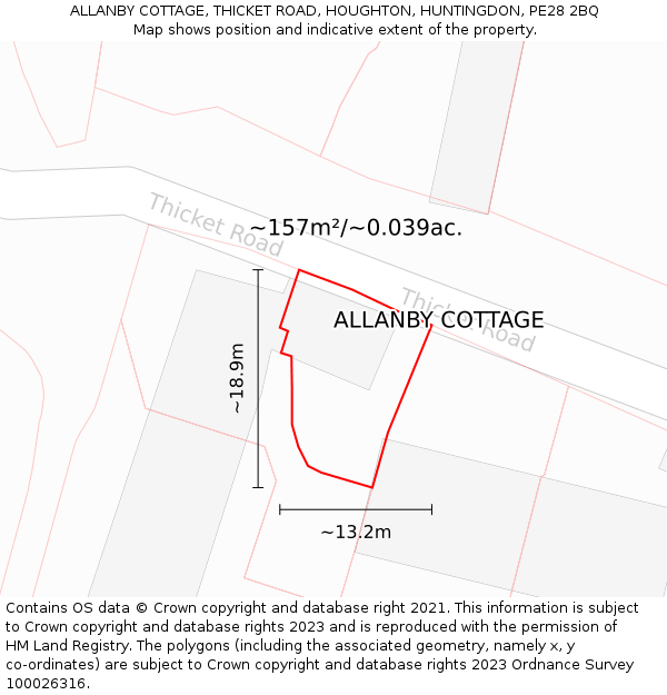 ALLANBY COTTAGE, THICKET ROAD, HOUGHTON, HUNTINGDON, PE28 2BQ: Plot and title map