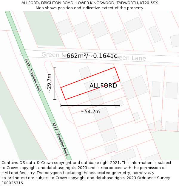 ALLFORD, BRIGHTON ROAD, LOWER KINGSWOOD, TADWORTH, KT20 6SX: Plot and title map