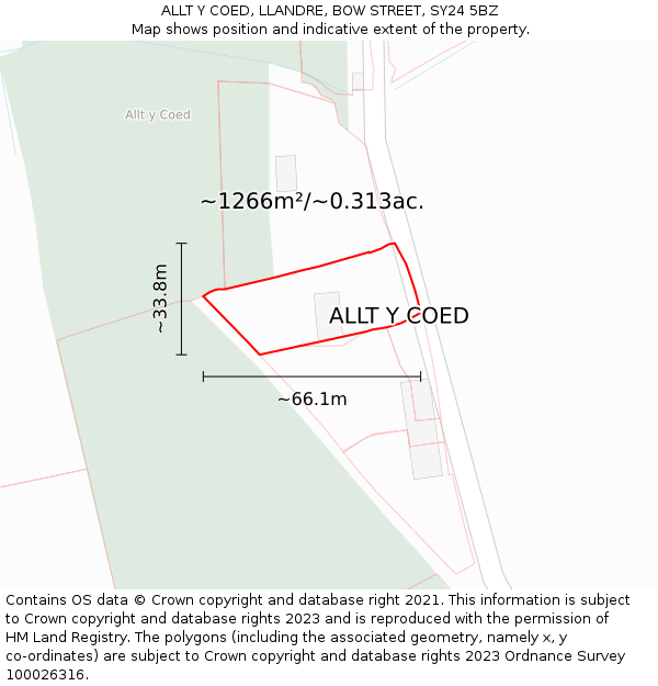 ALLT Y COED, LLANDRE, BOW STREET, SY24 5BZ: Plot and title map