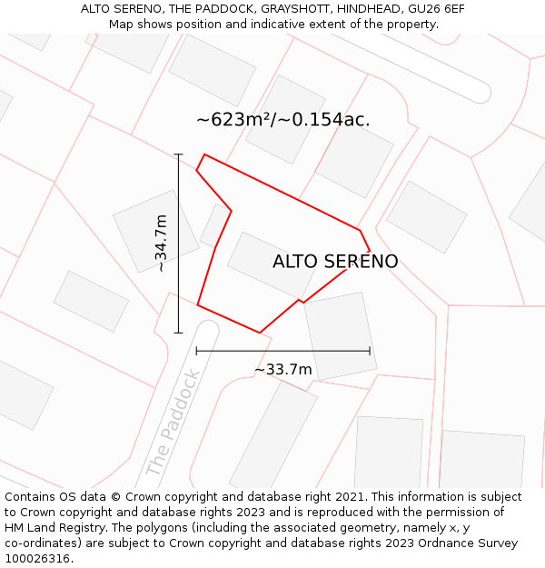 ALTO SERENO, THE PADDOCK, GRAYSHOTT, HINDHEAD, GU26 6EF: Plot and title map