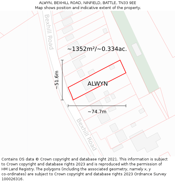 ALWYN, BEXHILL ROAD, NINFIELD, BATTLE, TN33 9EE: Plot and title map