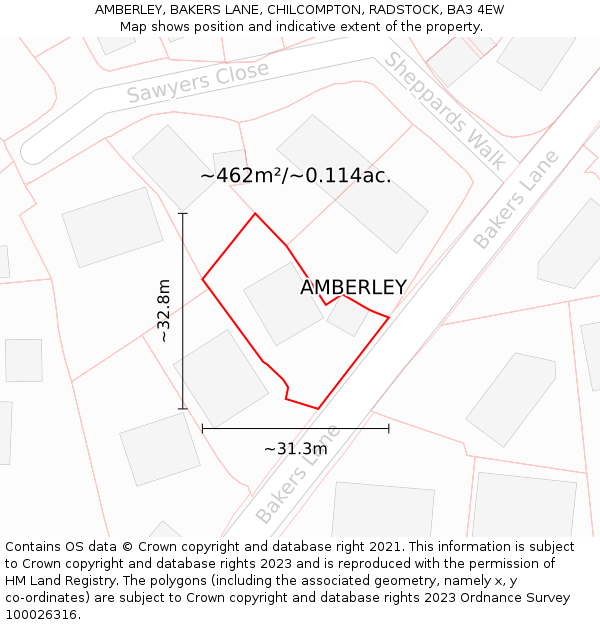 AMBERLEY, BAKERS LANE, CHILCOMPTON, RADSTOCK, BA3 4EW: Plot and title map