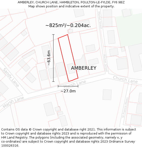 AMBERLEY, CHURCH LANE, HAMBLETON, POULTON-LE-FYLDE, FY6 9BZ: Plot and title map