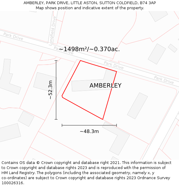 AMBERLEY, PARK DRIVE, LITTLE ASTON, SUTTON COLDFIELD, B74 3AP: Plot and title map