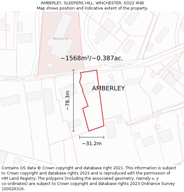 AMBERLEY, SLEEPERS HILL, WINCHESTER, SO22 4NB: Plot and title map