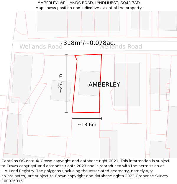 AMBERLEY, WELLANDS ROAD, LYNDHURST, SO43 7AD: Plot and title map