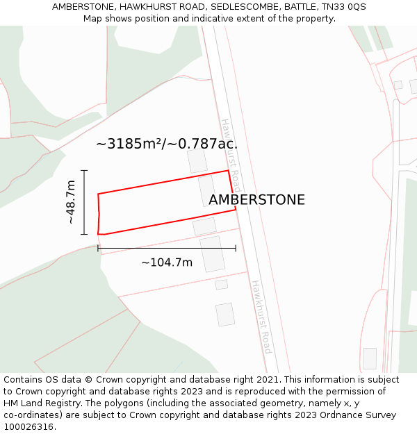 AMBERSTONE, HAWKHURST ROAD, SEDLESCOMBE, BATTLE, TN33 0QS: Plot and title map