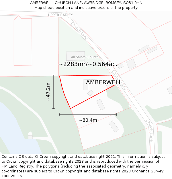 AMBERWELL, CHURCH LANE, AWBRIDGE, ROMSEY, SO51 0HN: Plot and title map